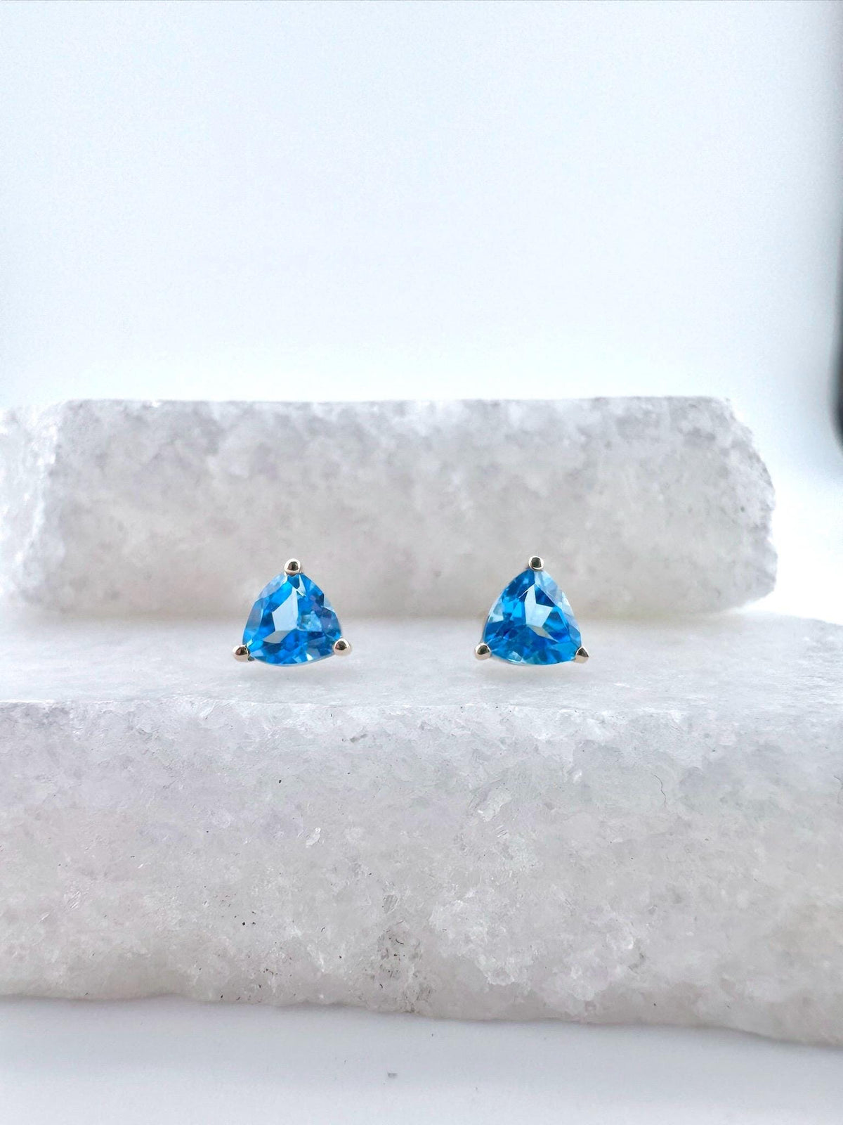 Genuine Blue Topaz Trillion Cut Stud Earrings, 14k Solid Gold, December Birthstone