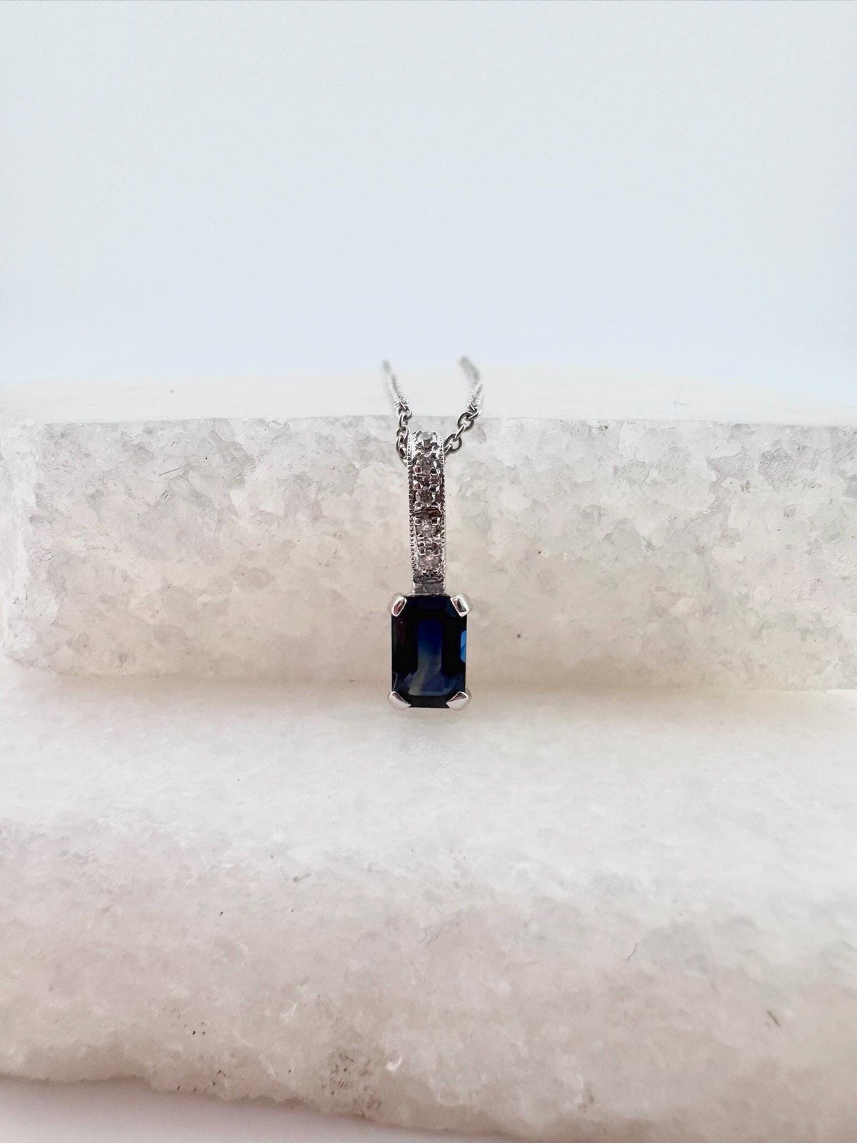 14k Solid White Gold, Natural Radiant Cut Sapphire and Diamond Pendant, September Birthstone, Gift for Her