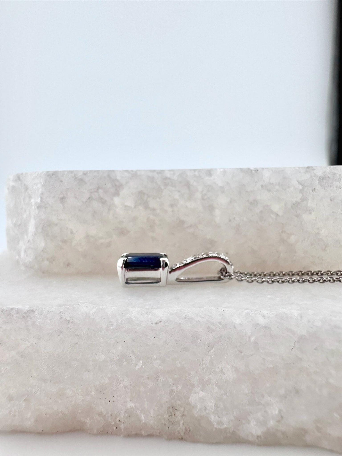 14k Solid White Gold, Natural Radiant Cut Sapphire and Diamond Pendant, September Birthstone, Gift for Her