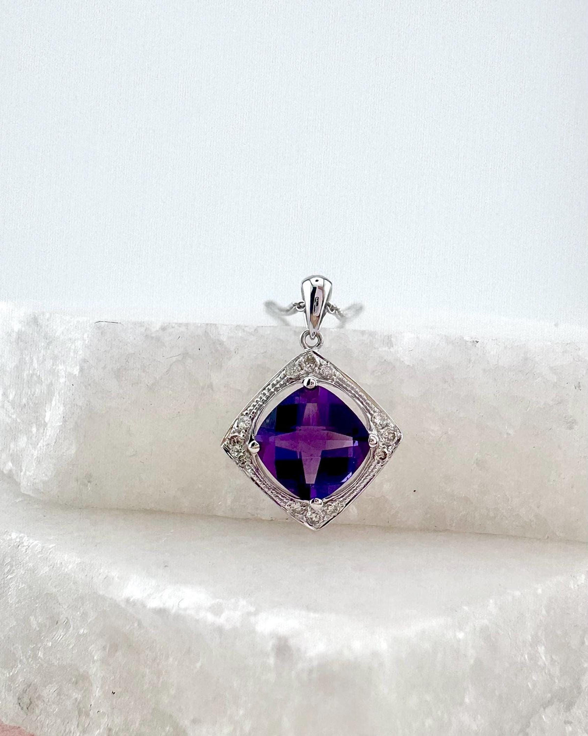 Genuine Cushion Amethyst and Diamond Pendant | 14k Solid Gold