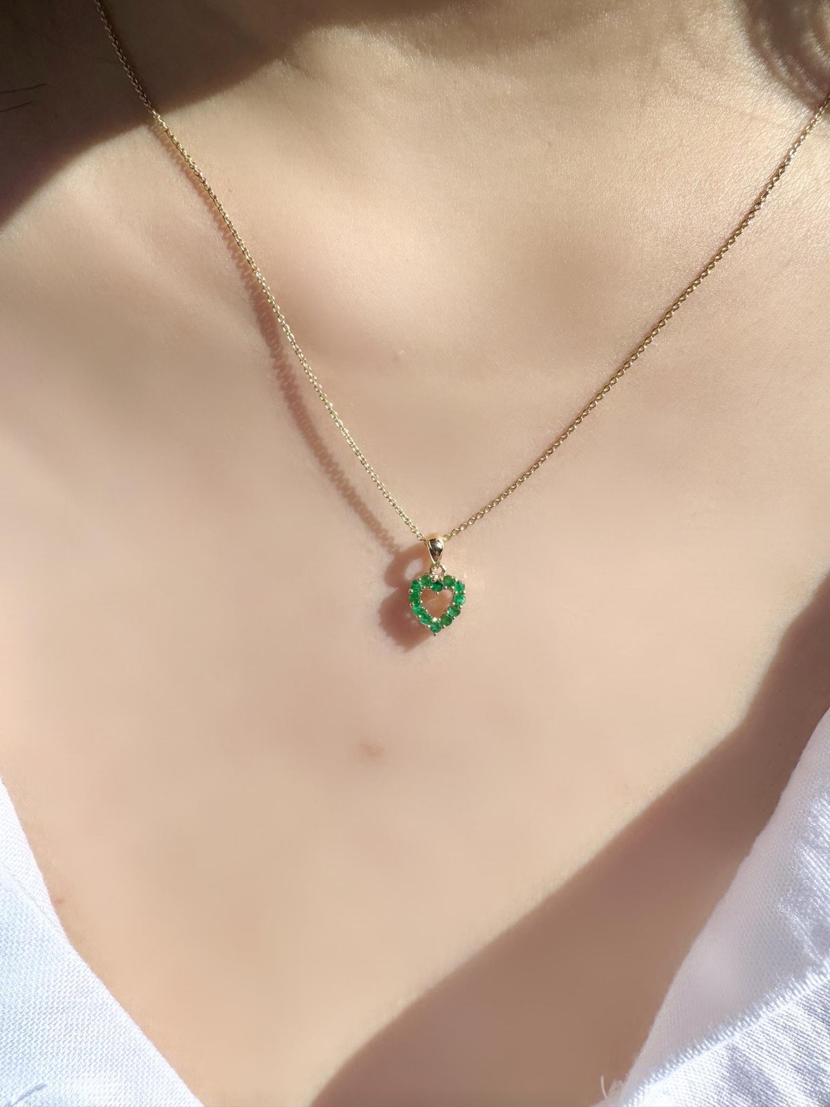 14k Solid Gold Emerald Heart Outline Pendant, Natural Emeralds, May Birthstone Gift