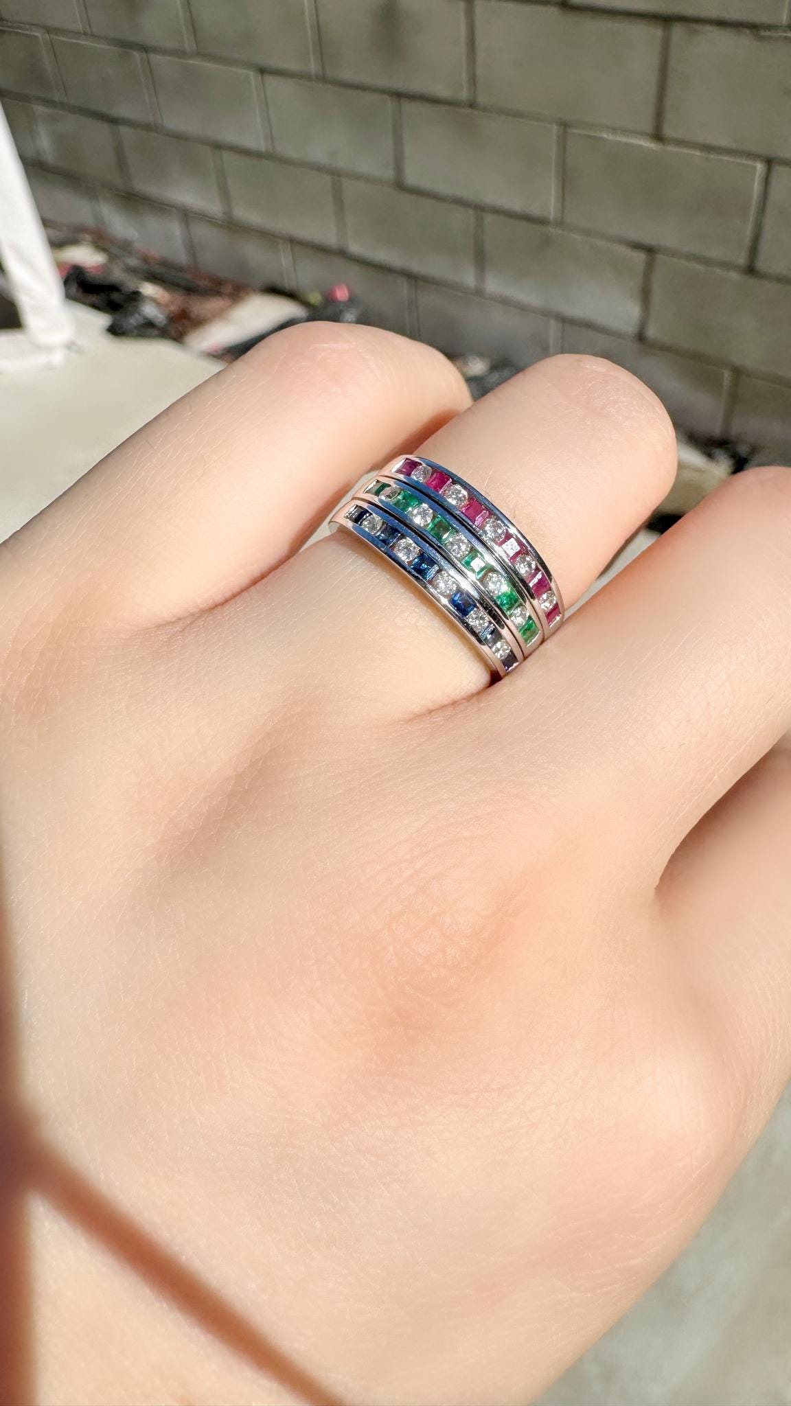 Genuine Sapphire Ruby Emerald and Diamond Stacker Ring｜18k Solid Gold