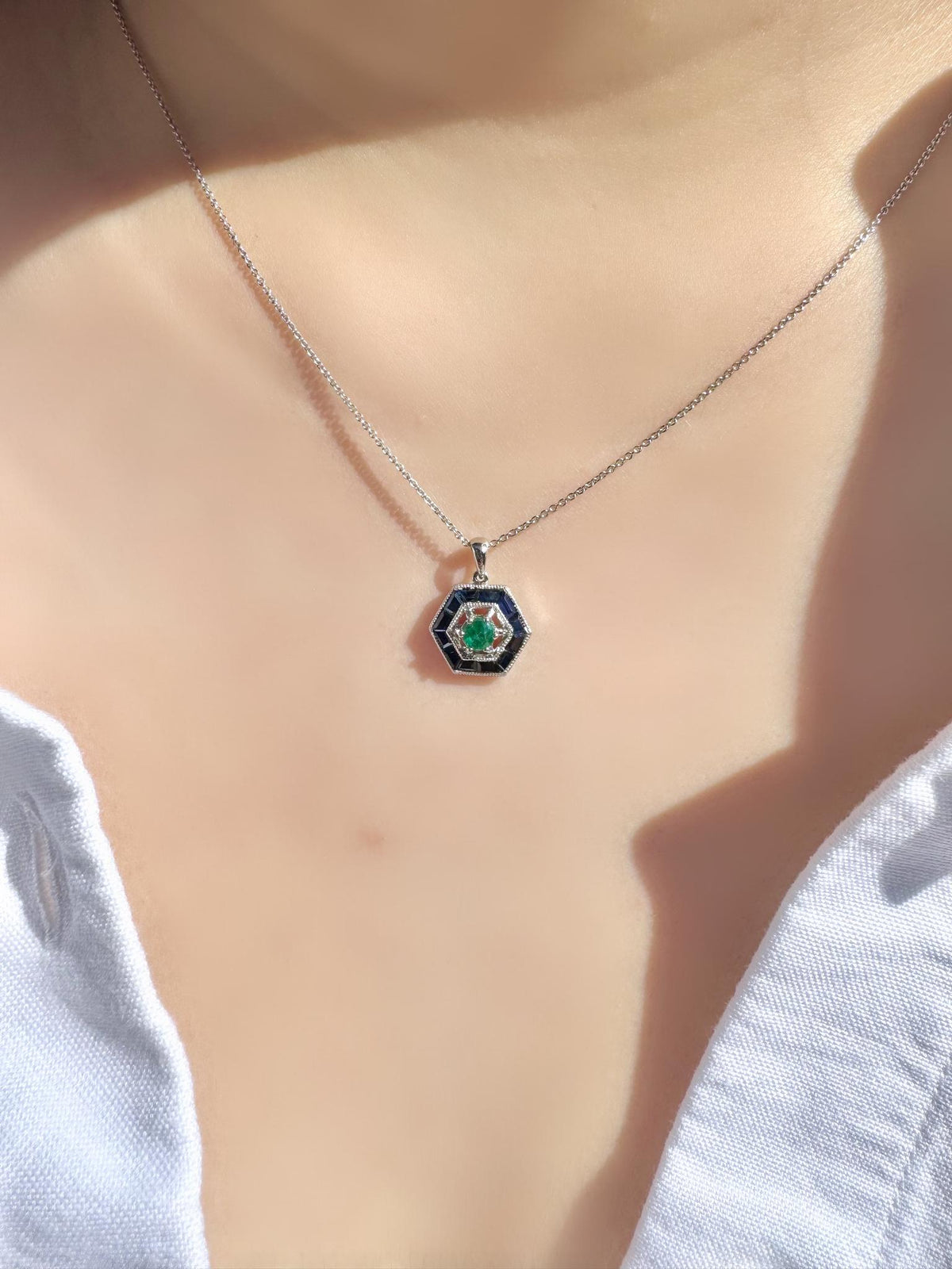 Genuine Emerald and Sapphire Hexagonal Pendant | 18k Solid White Gold