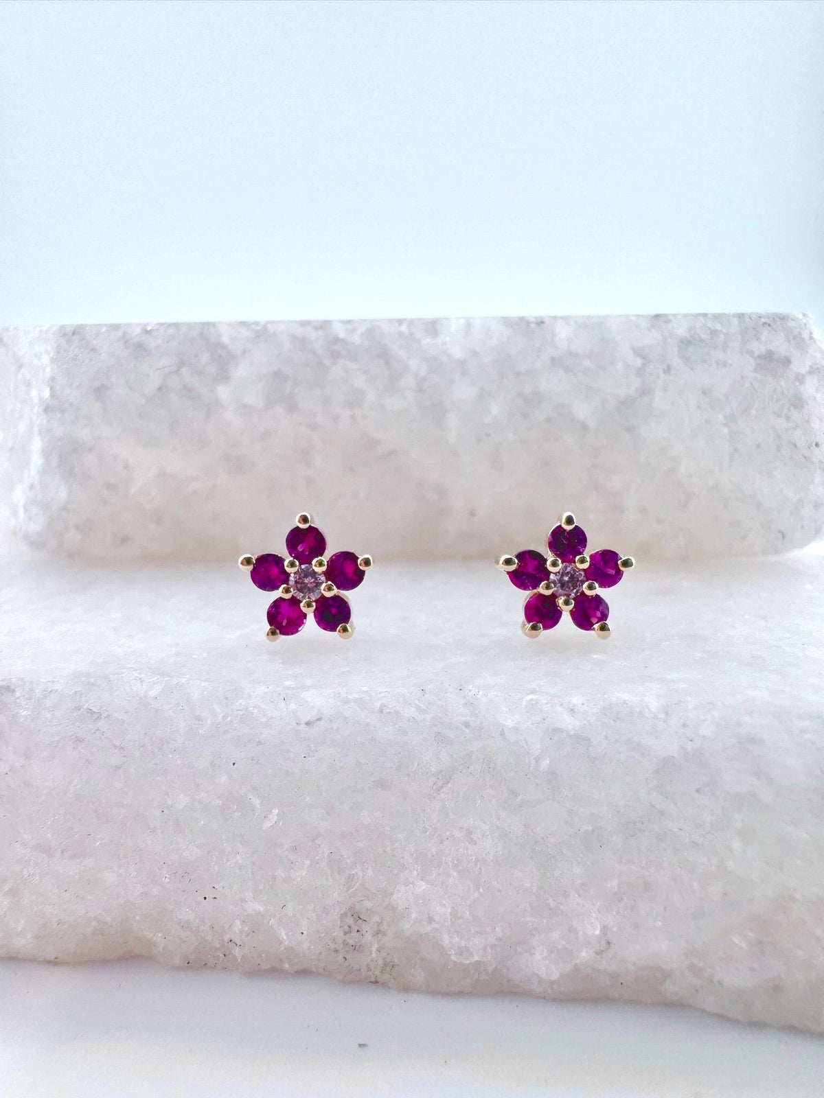 14k Solid Yellow Gold Dark Pink Sapphire Diamond Flower Stud Earrings, September Birthstone Gift