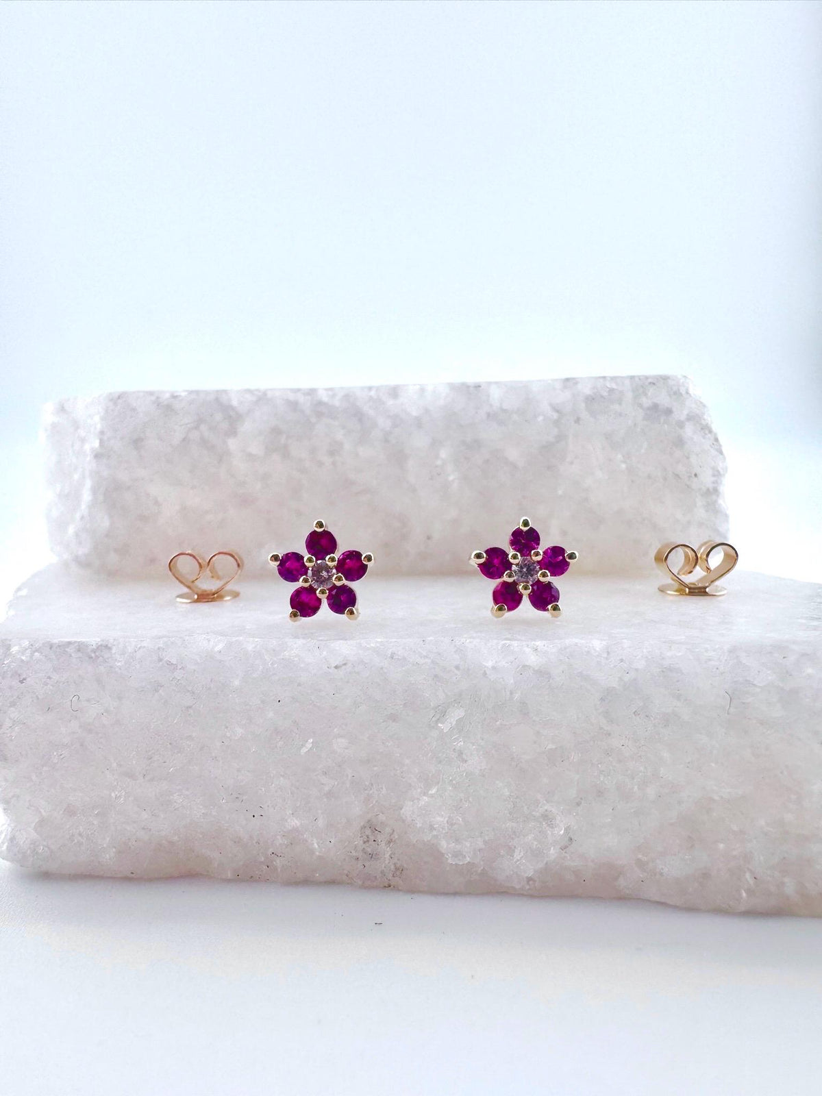 14k Solid Yellow Gold Dark Pink Sapphire Diamond Flower Stud Earrings, September Birthstone Gift