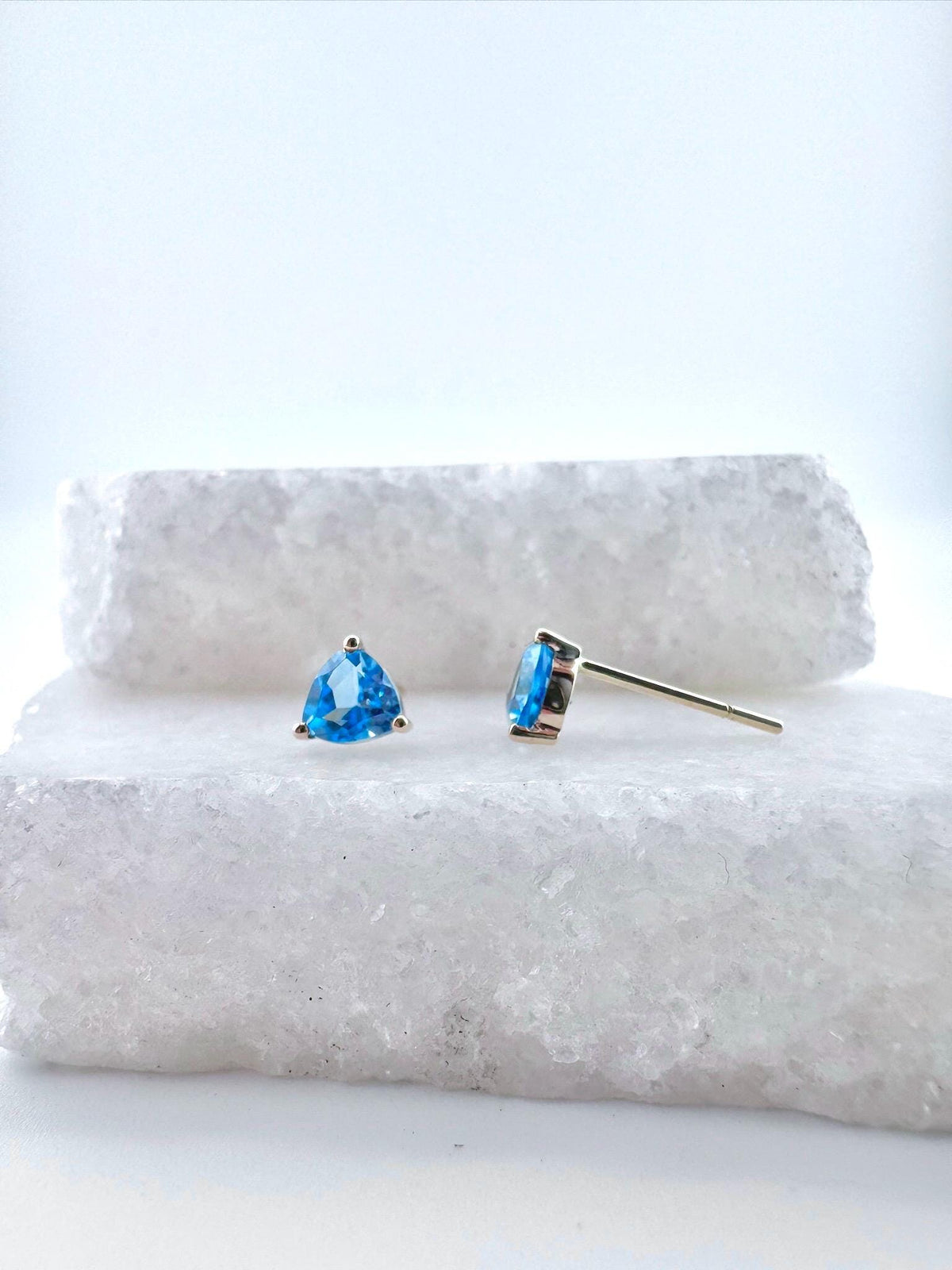 Genuine Blue Topaz Trillion Cut Stud Earrings, 14k Solid Gold, December Birthstone