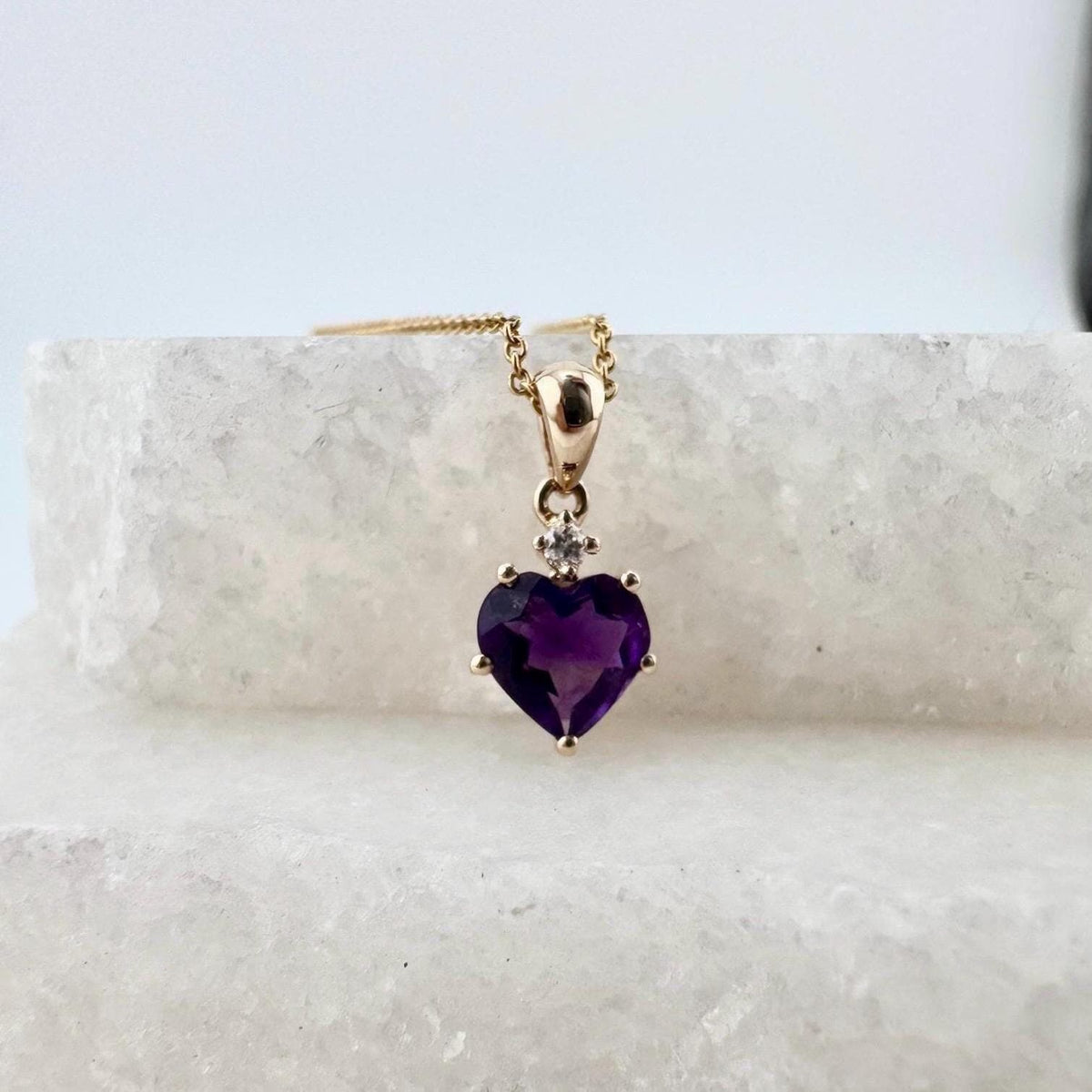 14k Solid Gold Amethyst Heart Pendant with Diamond, February Birthstone Gift