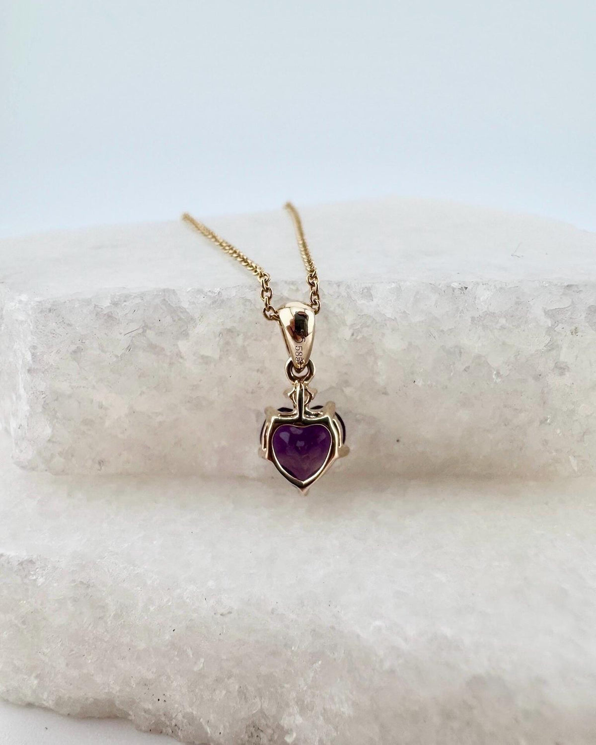14k Solid Gold Amethyst Heart Pendant with Diamond, February Birthstone Gift