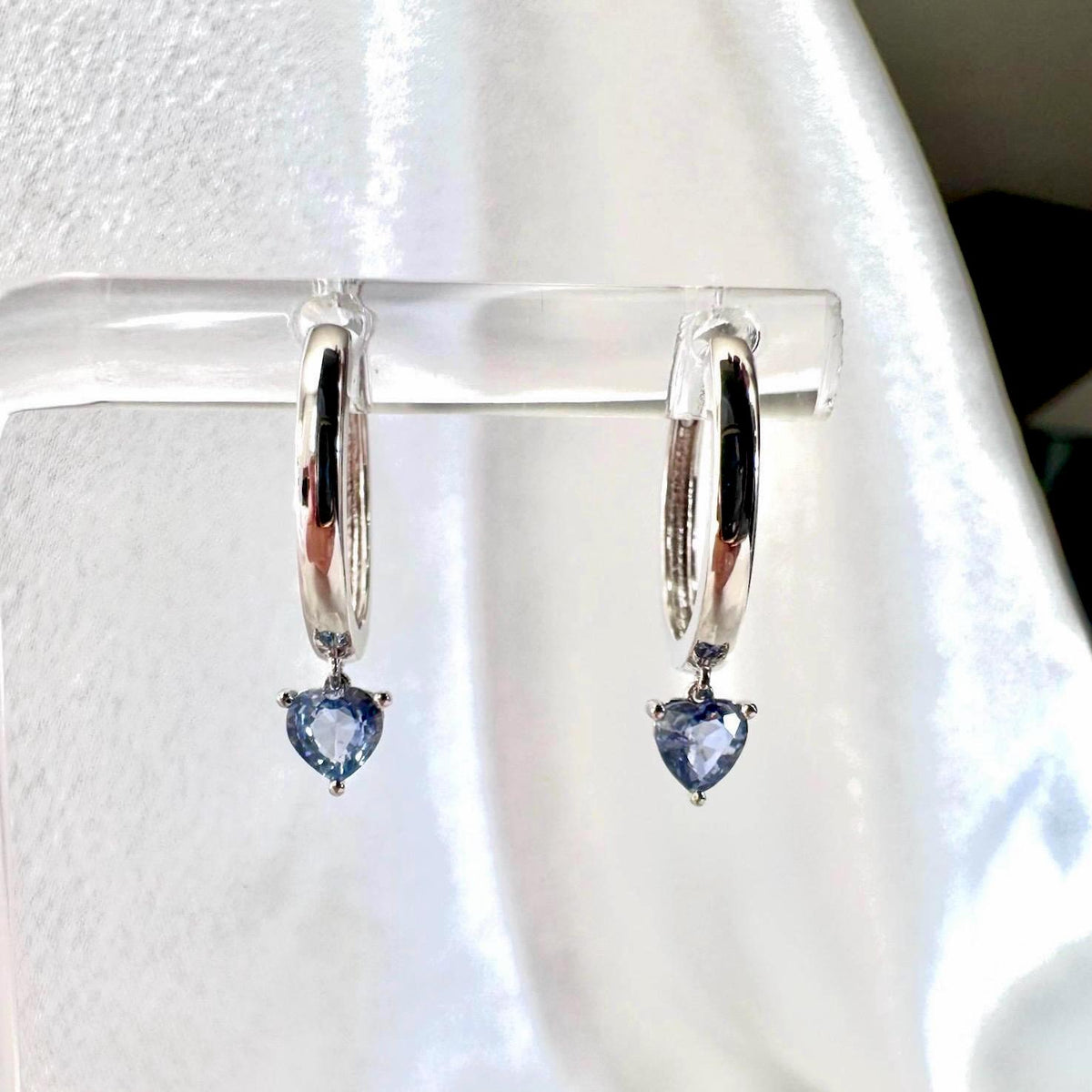 14k Solid Gold Heart Dangle Hoop Earrings, Ceylon Sapphire, September Birthstone Gift