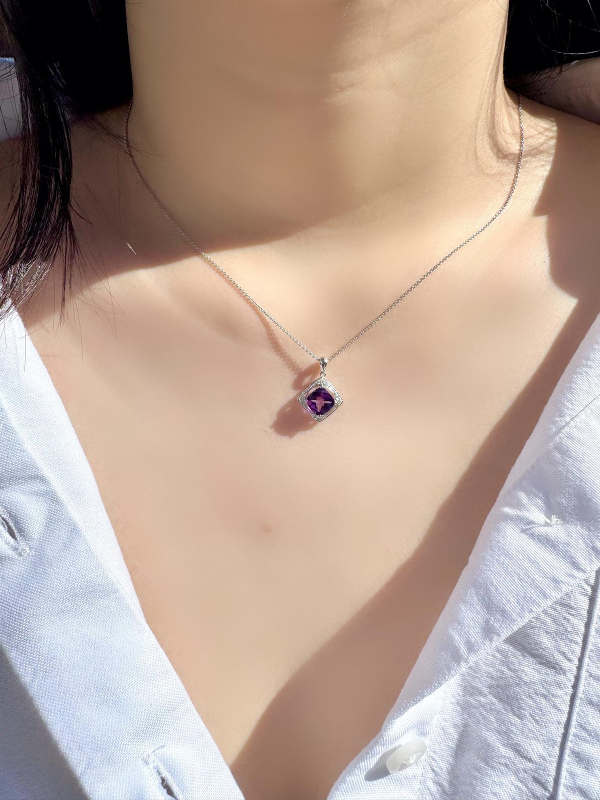 Genuine Cushion Amethyst and Diamond Pendant | 14k Solid Gold