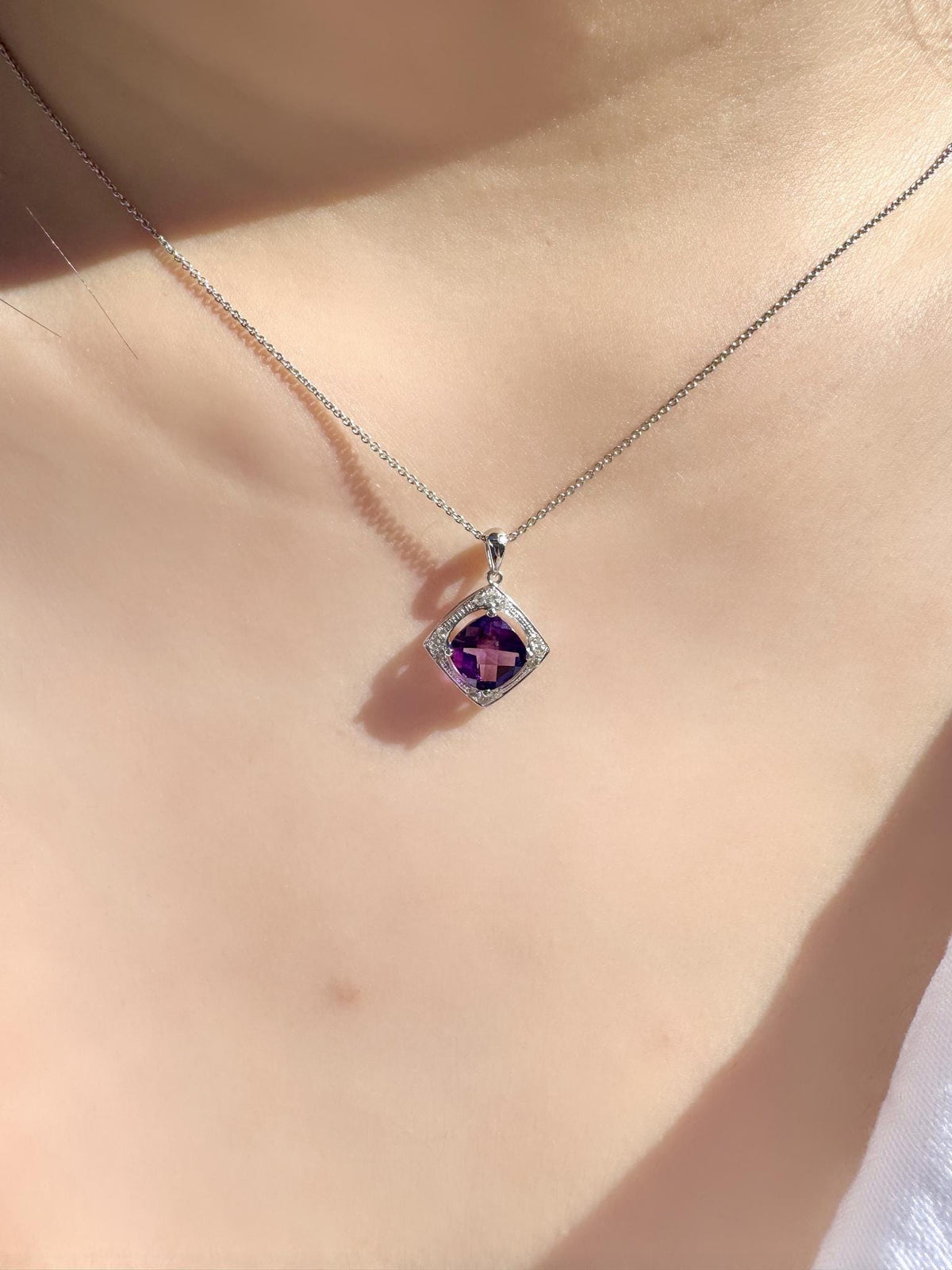 Genuine Cushion Amethyst and Diamond Pendant | 14k Solid Gold