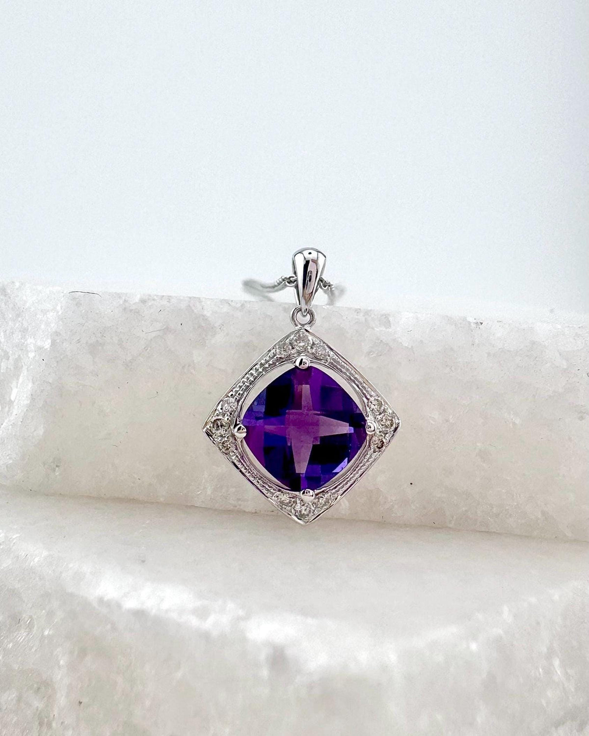Genuine Cushion Amethyst and Diamond Pendant | 14k Solid Gold
