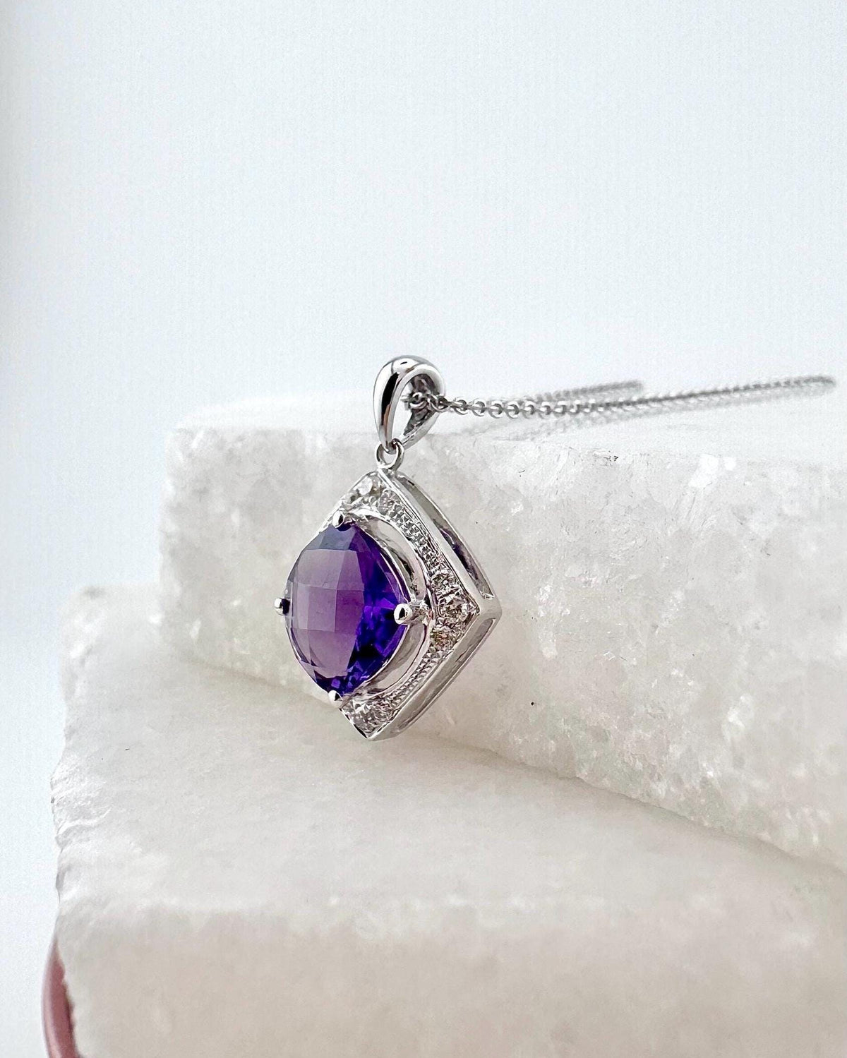 Genuine Cushion Amethyst and Diamond Pendant | 14k Solid Gold