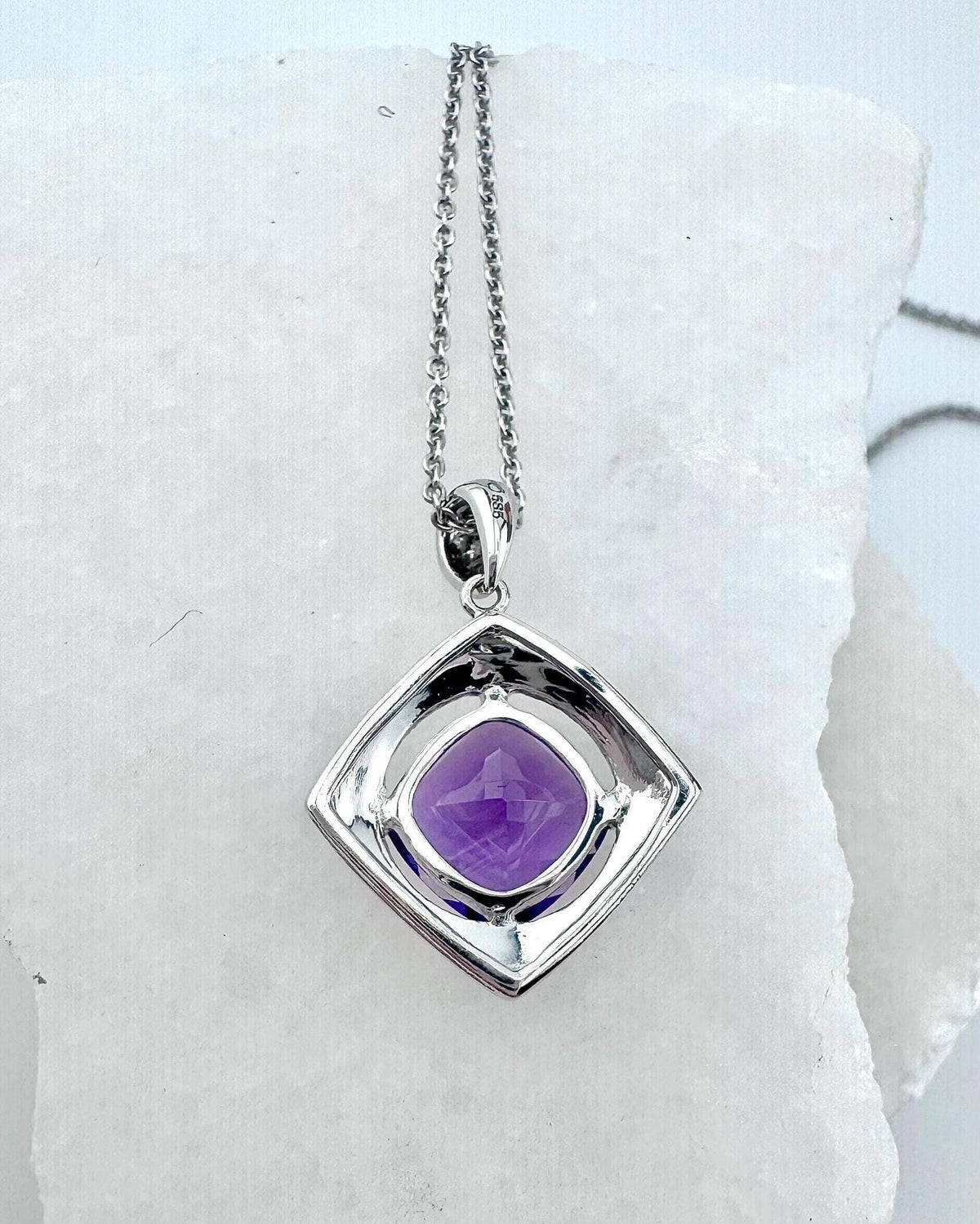Genuine Cushion Amethyst and Diamond Pendant | 14k Solid Gold