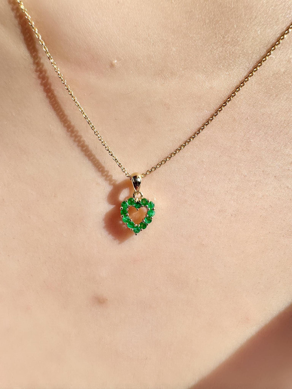 14k Solid Gold Emerald Heart Outline Pendant, Natural Emeralds, May Birthstone Gift