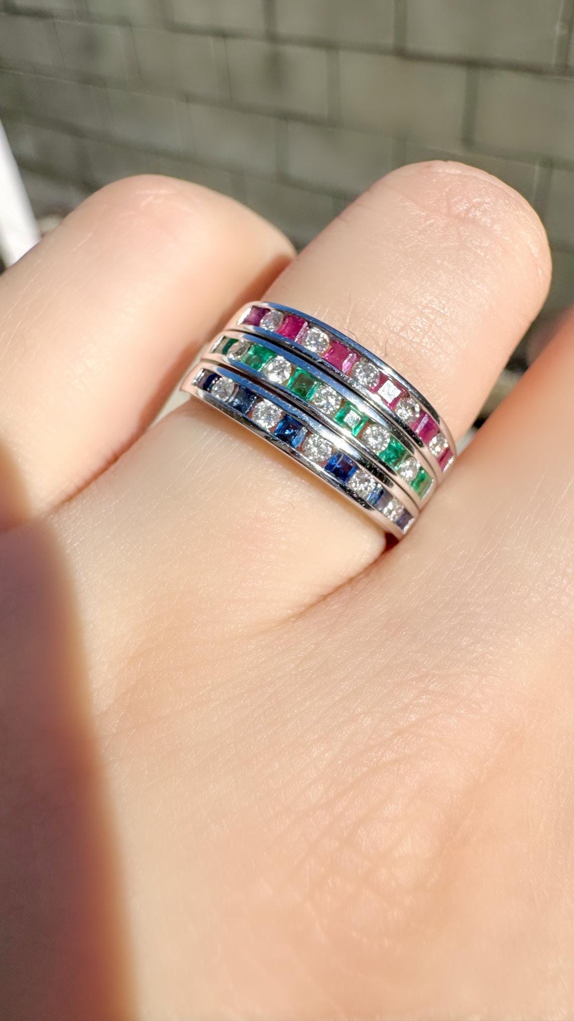 Genuine Sapphire Ruby Emerald and Diamond Stacker Ring｜18k Solid Gold