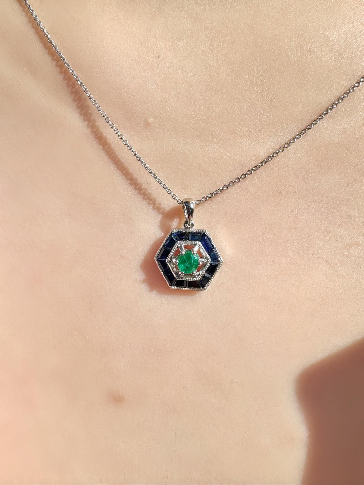 Genuine Emerald and Sapphire Hexagonal Pendant | 18k Solid White Gold