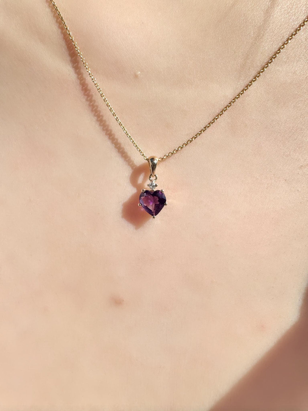 14k Solid Gold Amethyst Heart Pendant with Diamond, February Birthstone Gift