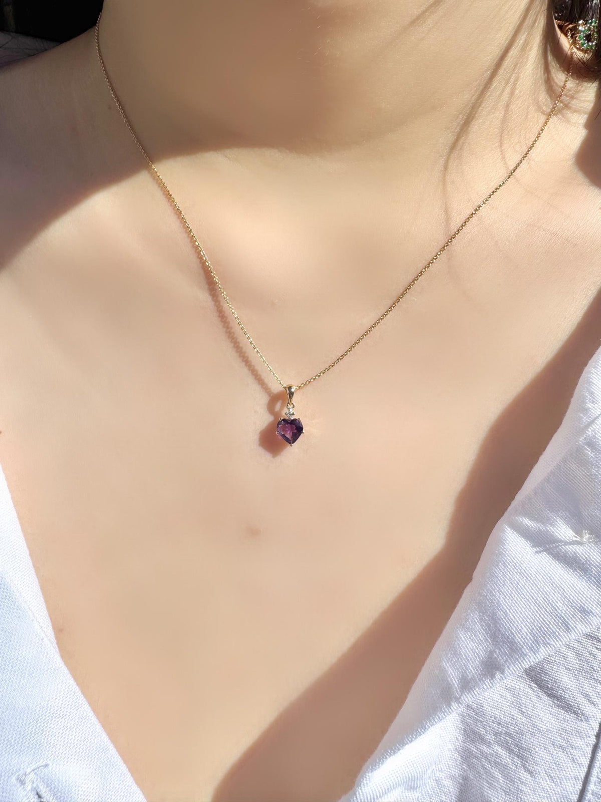14k Solid Gold Amethyst Heart Pendant with Diamond, February Birthstone Gift