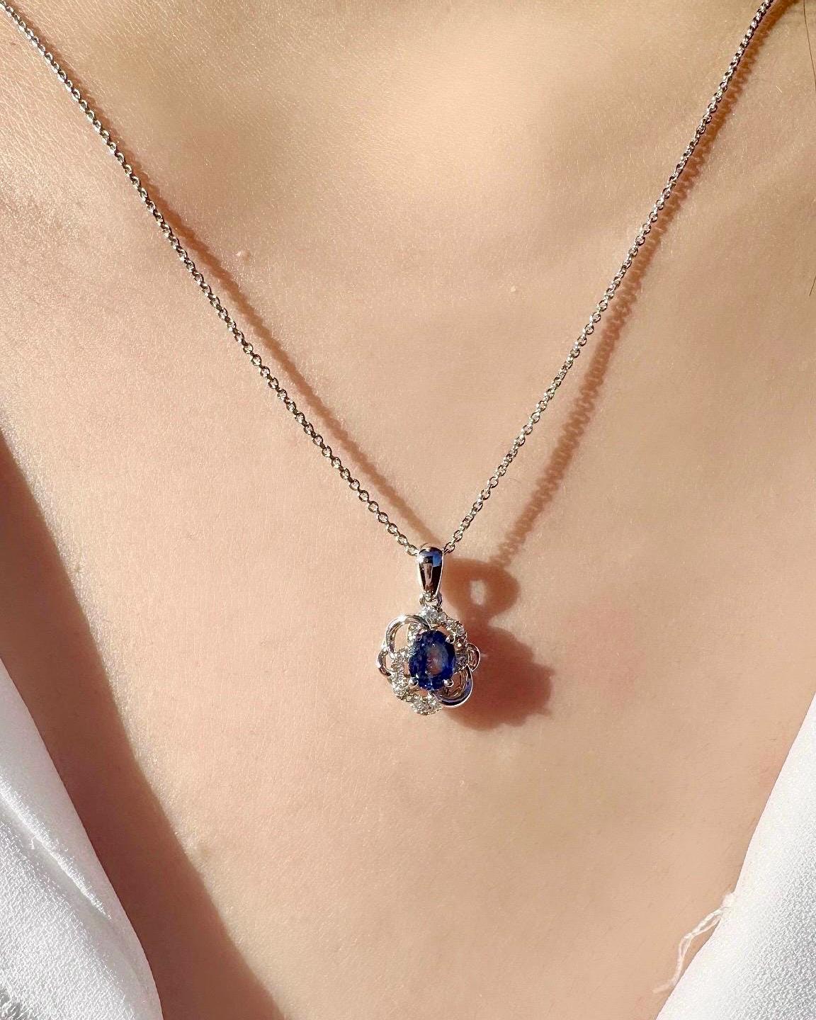 18k Solid White Gold Natural Oval Cut Sapphire and Diamond Blossom Pendant, September Birthstone, Gift for Her