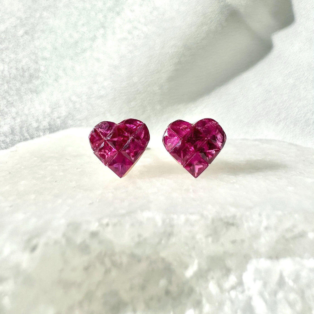 Genuine Ruby Pavè Heart Earrings / 18k Solid Rose Gold