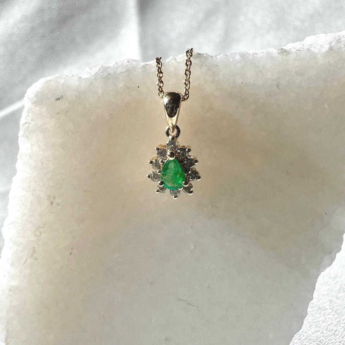 Genuine Emerald and Diamond Pear Cut Flower Pendant | 14k Solid Gold