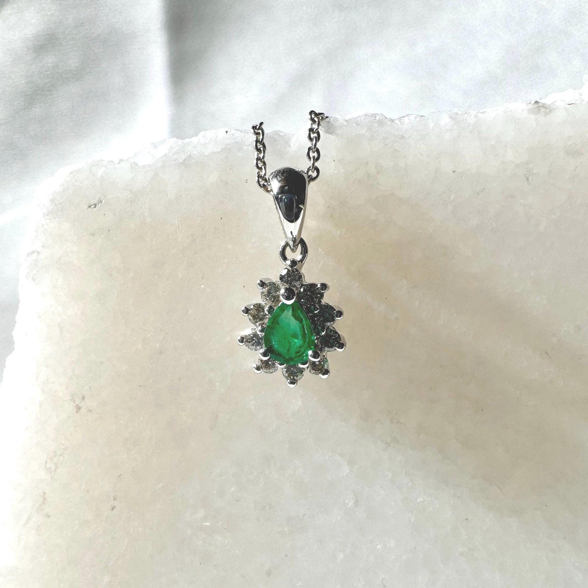 Genuine Emerald and Diamond Pear Cut Flower Pendant | 14k Solid Gold