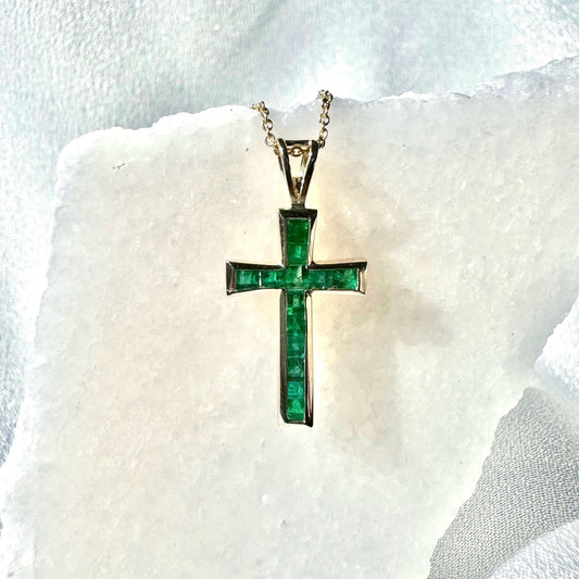 Genuine Emerald Tapered Cross Pendant / 14k Solid Gold