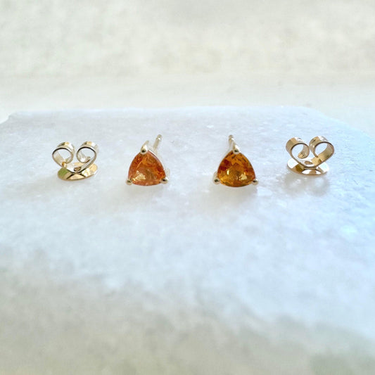 Natural Orange Sapphire Trillion Stud Earrings / 14k Solid Gold