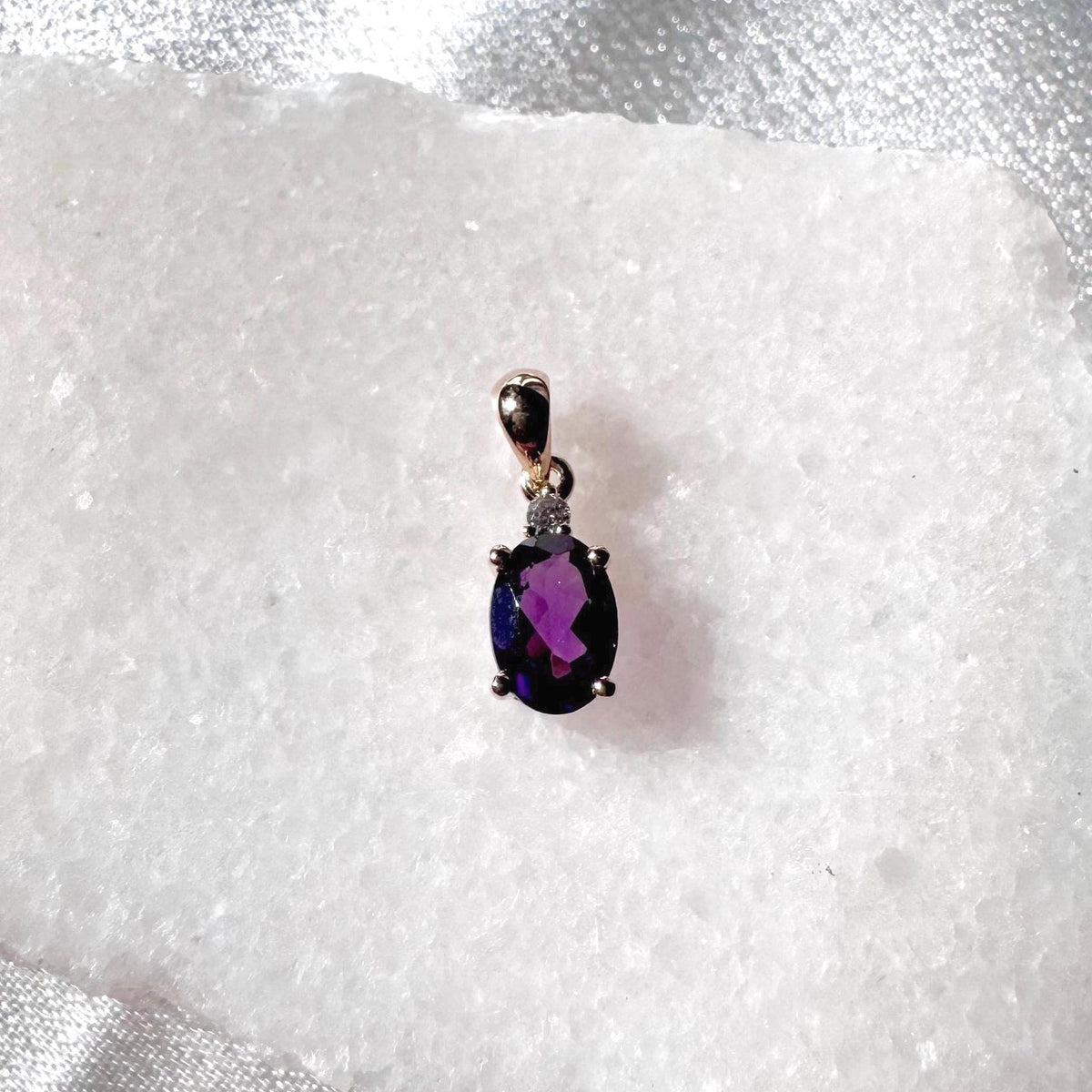 Genuine Amethyst and Diamond Oval Cut Pendant | 14k Solid Gold