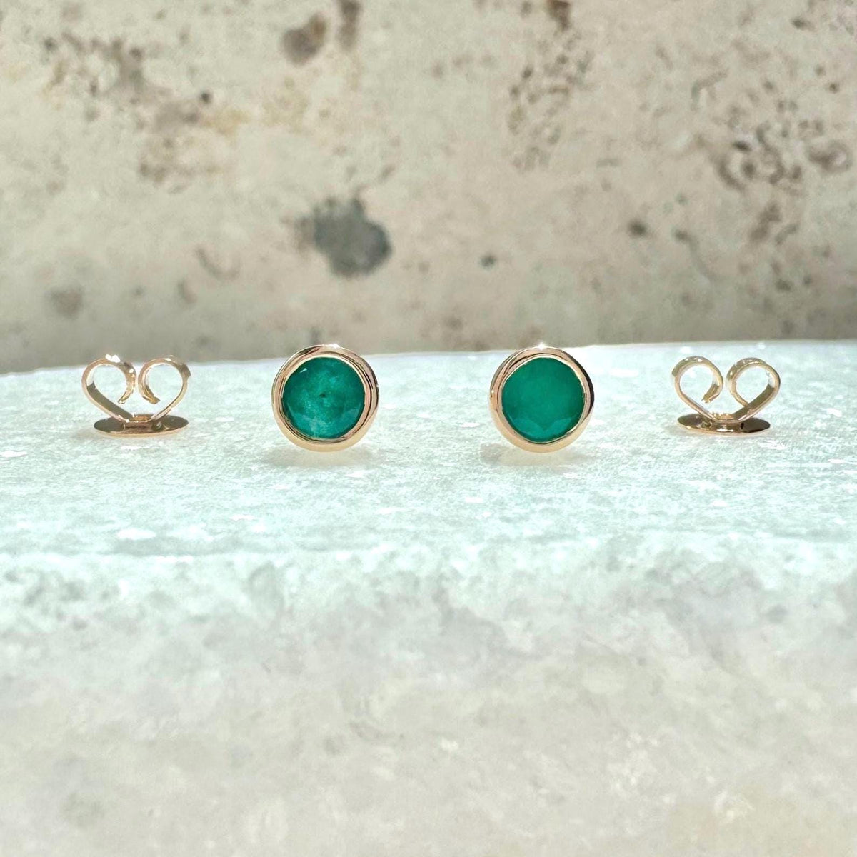 Genuine Emerald Round Bezel Stud Earrings 4.5MM / 14k Solid Gold