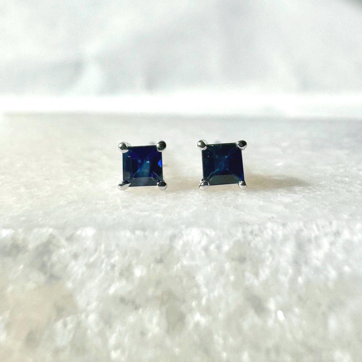 Genuine Sapphire Princess Cut Stud Earrings | 14k Solid Gold