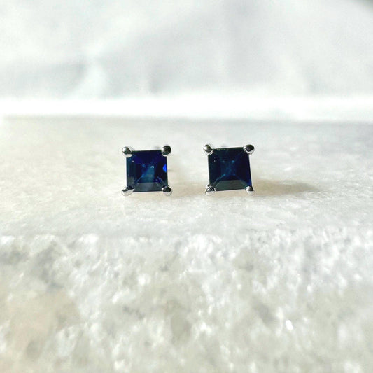 Genuine Sapphire Princess Cut Stud Earrings | 14k Solid Gold