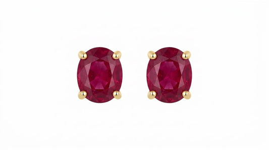 Genuine Oval Cut Ruby Stud Earrings | 14k Solid Yellow Gold