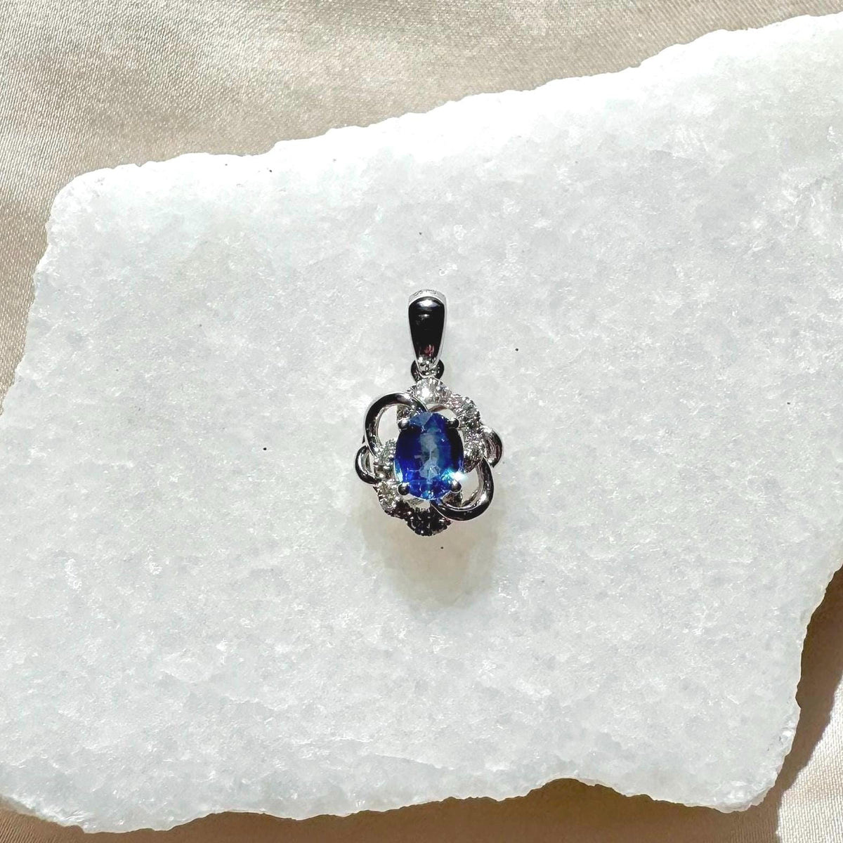 18k Solid White Gold Natural Oval Cut Sapphire and Diamond Blossom Pendant, September Birthstone, Gift for Her