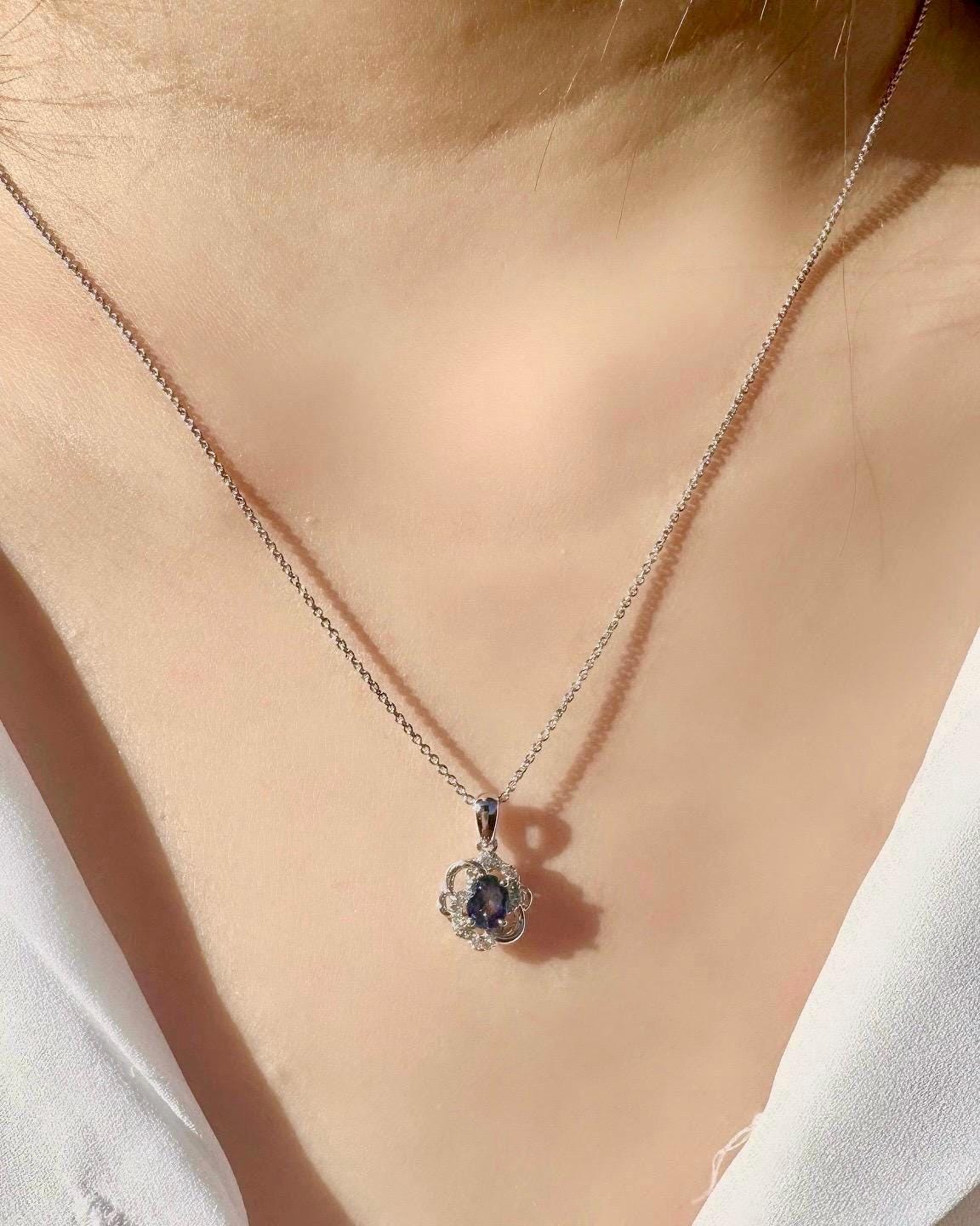 18k Solid White Gold Natural Oval Cut Sapphire and Diamond Blossom Pendant, September Birthstone, Gift for Her