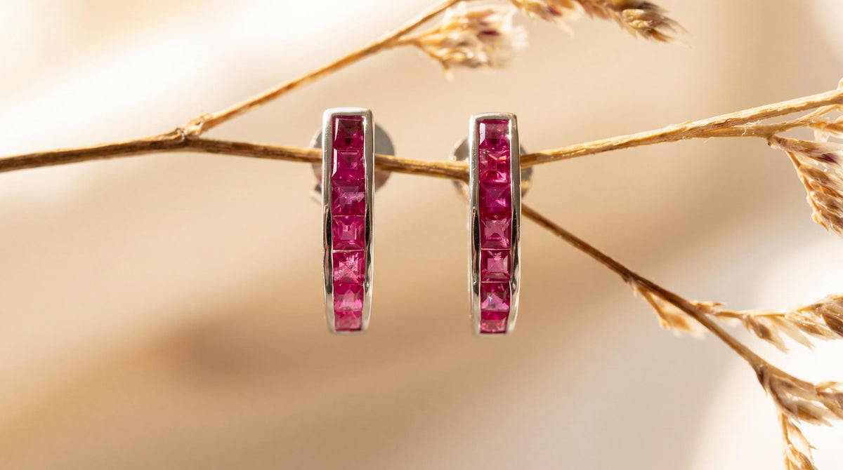 Genuine Ruby Pavé Half Hoop Earrings in 14k Solid Gold
