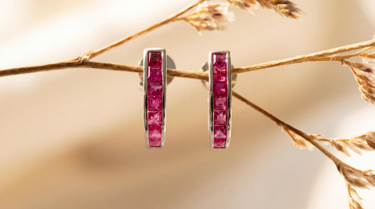 Genuine Ruby Pavé Half Hoop Earrings in 14k Solid Gold