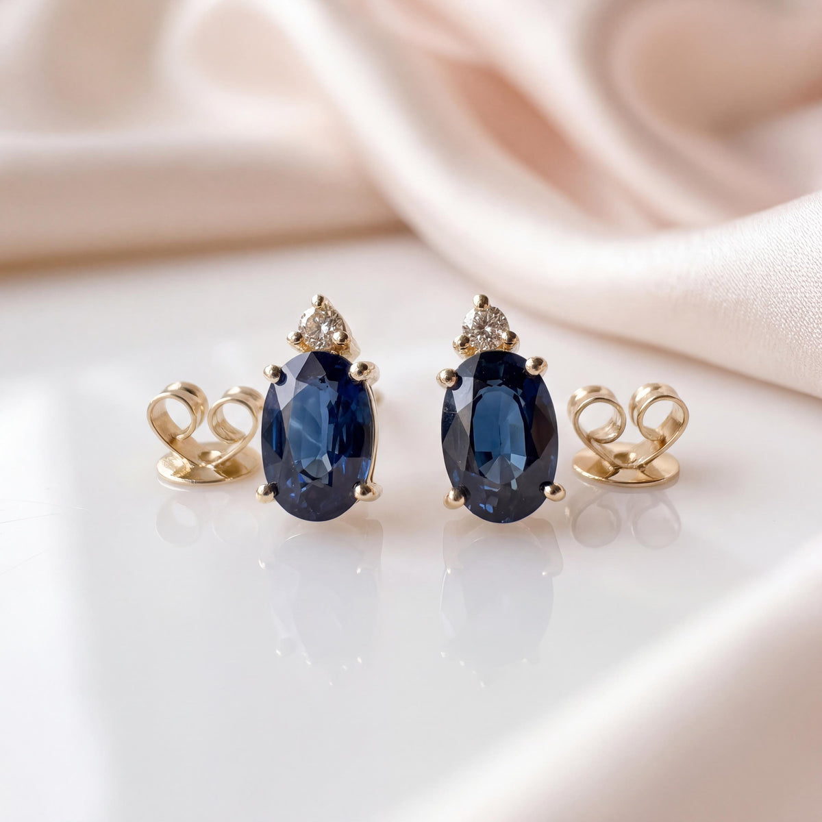 Genuine Sapphire and Diamond Oval Stud Earrings in 14k and 18k Solid Gold