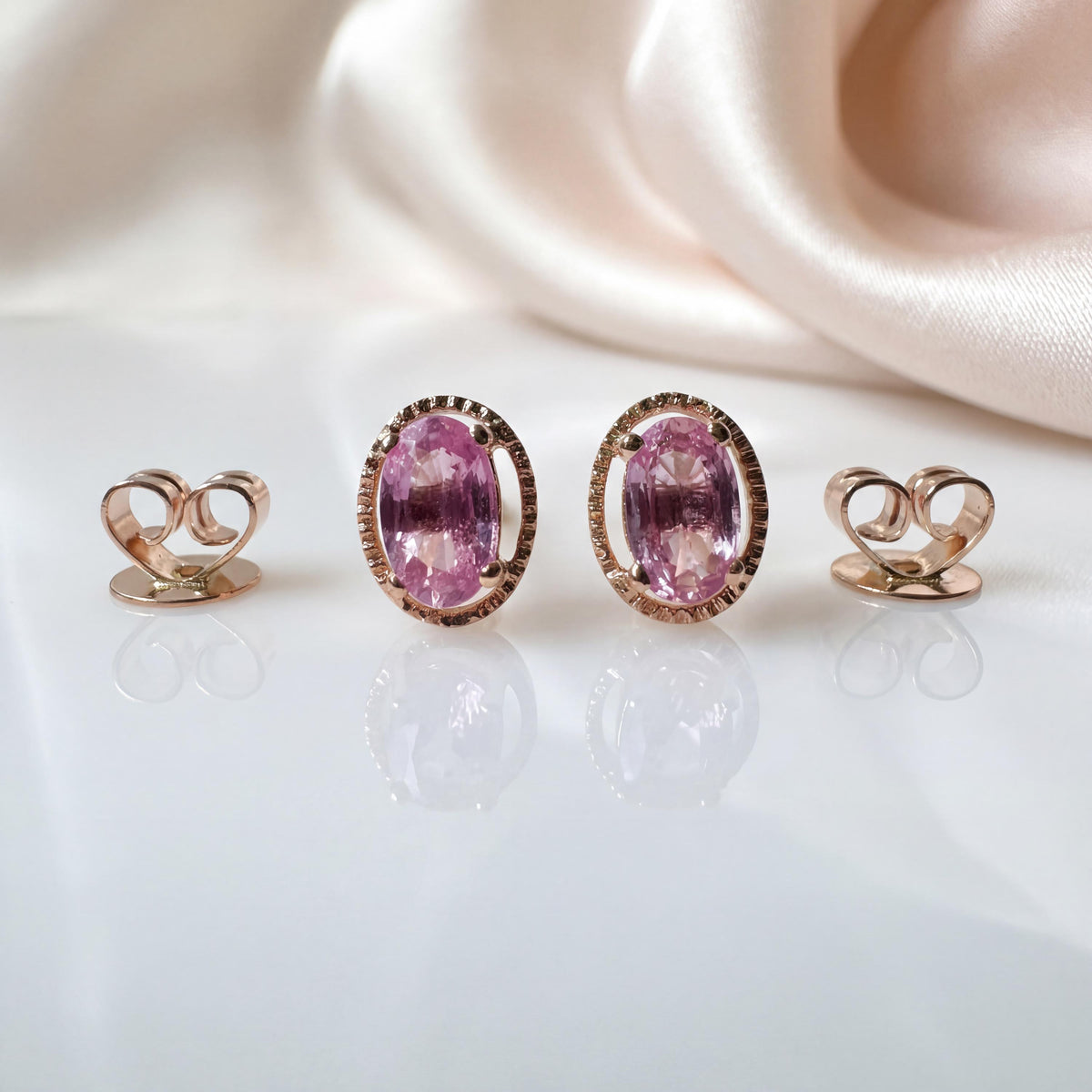 Genuine Pink Sapphire Oval Stud Earrings in 18k Solid Gold