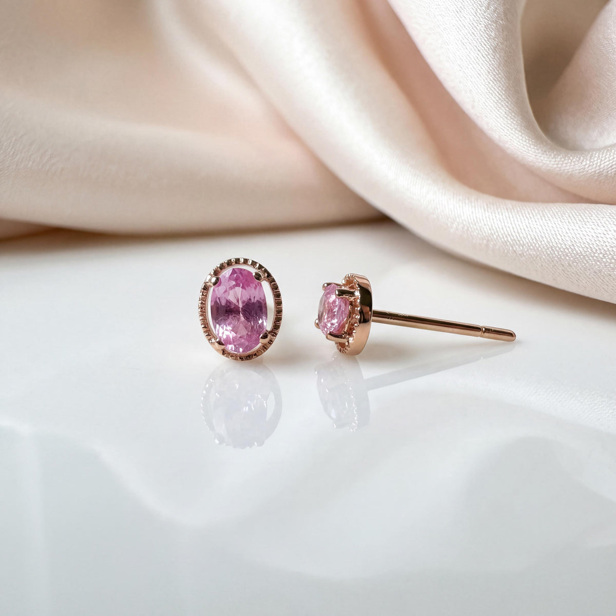 Genuine Pink Sapphire Oval Stud Earrings in 18k Solid Gold