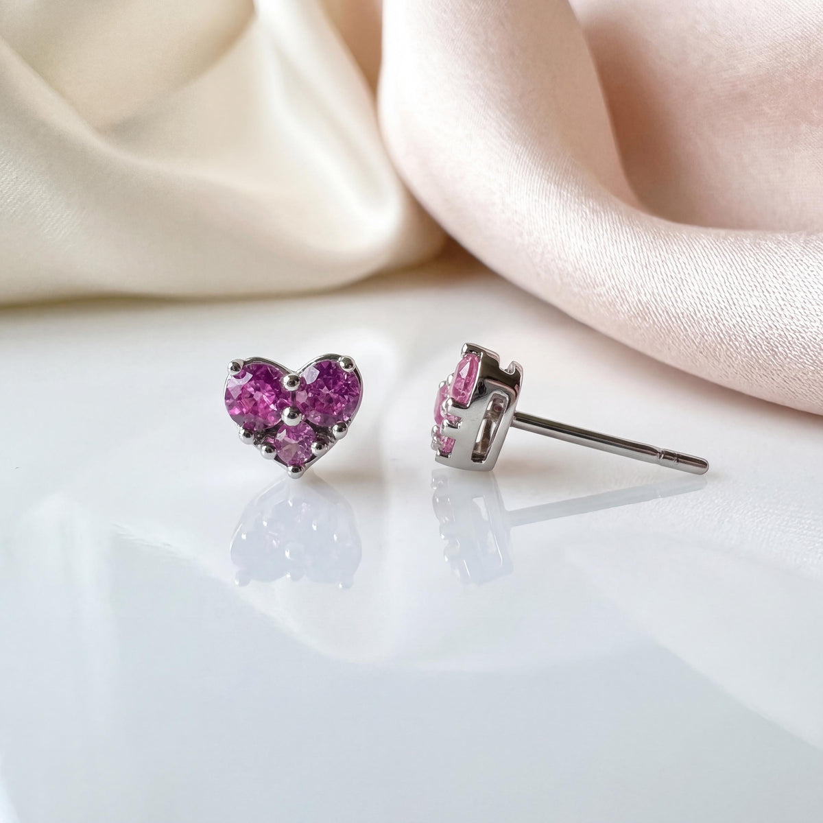 Natural Pink Sapphire Studs / 14k Solid Gold Heart Earrings