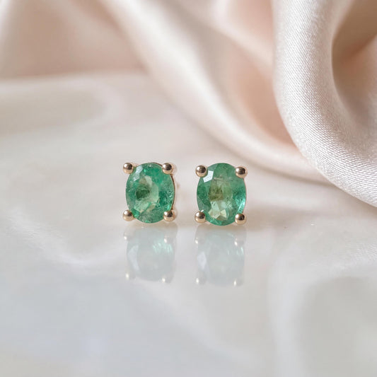 Genuine Emerald Oval Cut Solitaire Stud Earrings in 14k Solid Gold