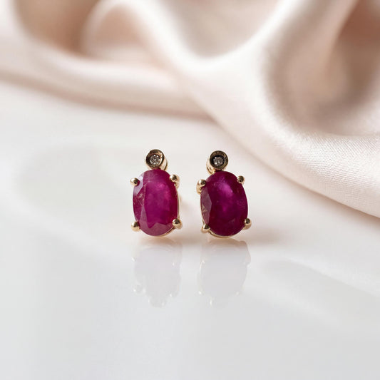 Genuine Ruby and Diamond Oval Cut Stud Earrings in 18k Solid Gold