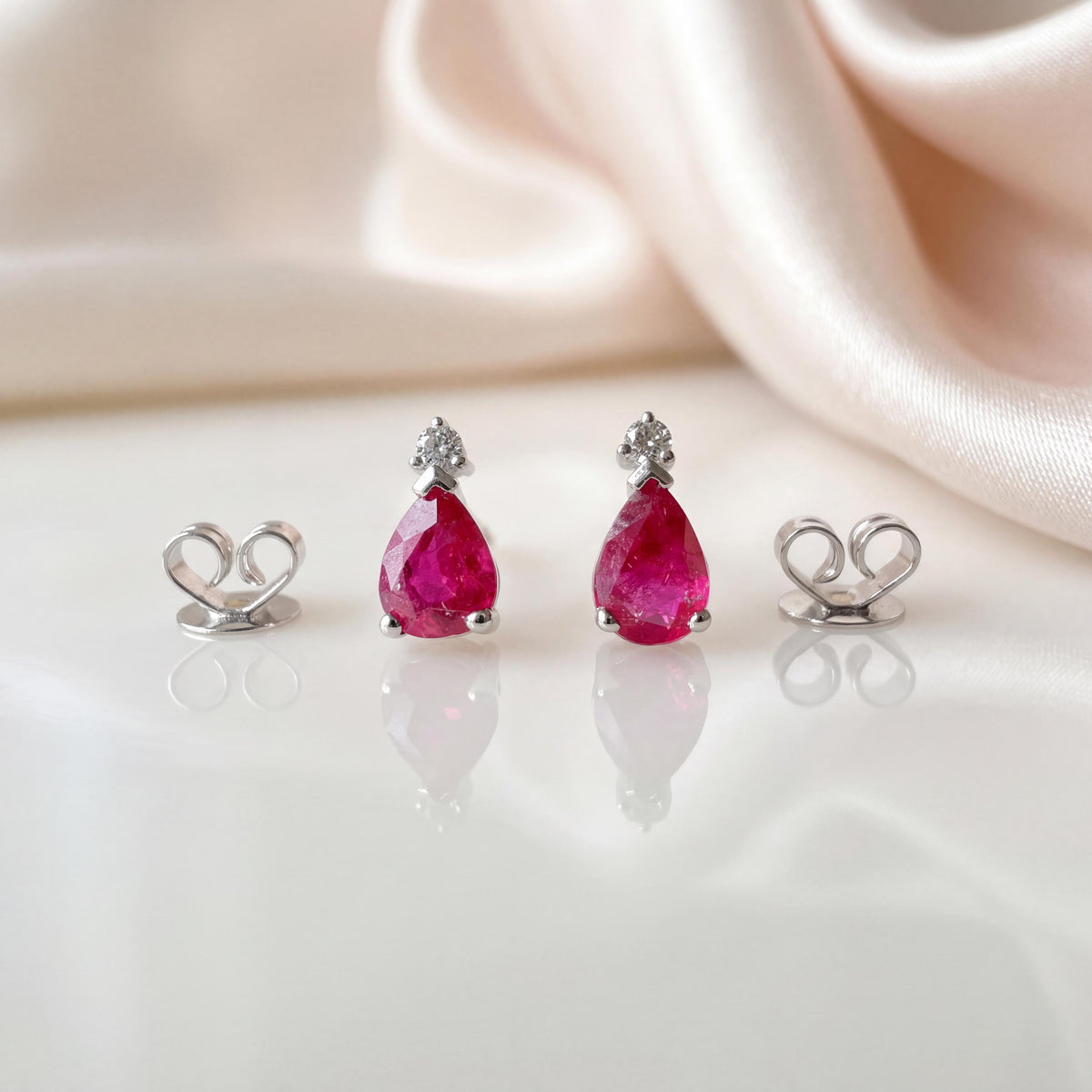 Genuine Ruby and Diamond Teardrop Stud Earrings in 14k Solid White Gold