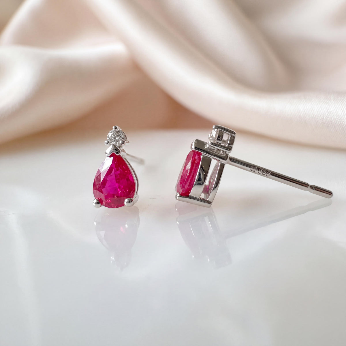 Genuine Ruby and Diamond Teardrop Stud Earrings in 14k Solid White Gold