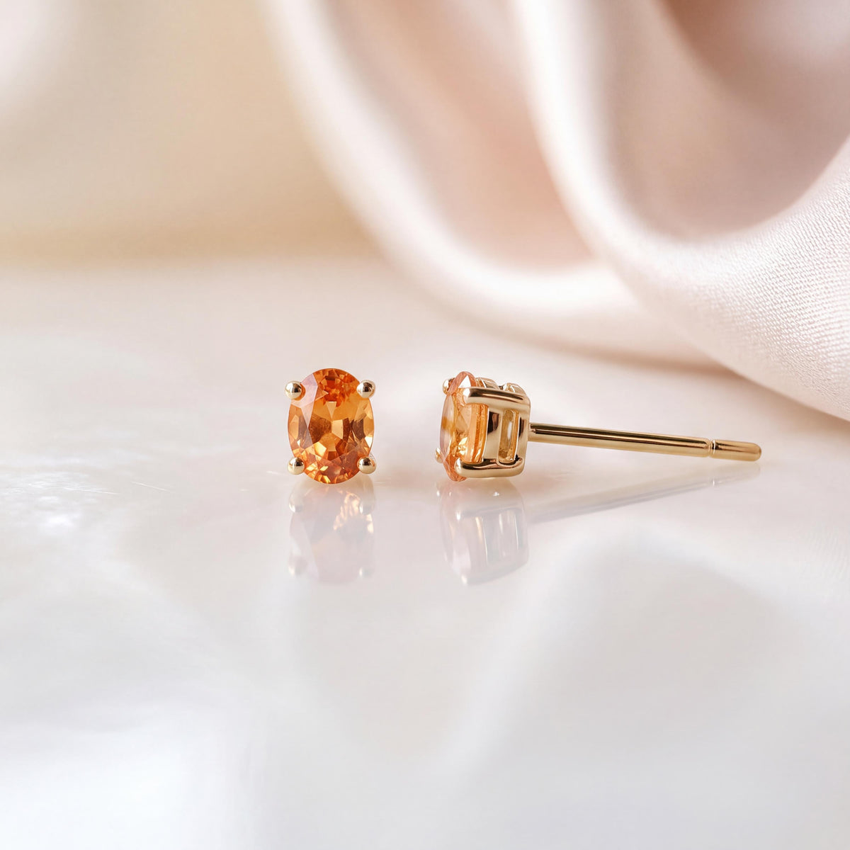 Genuine Orange Sapphire Oval Cut Stud Earrings in 14K Solid Gold