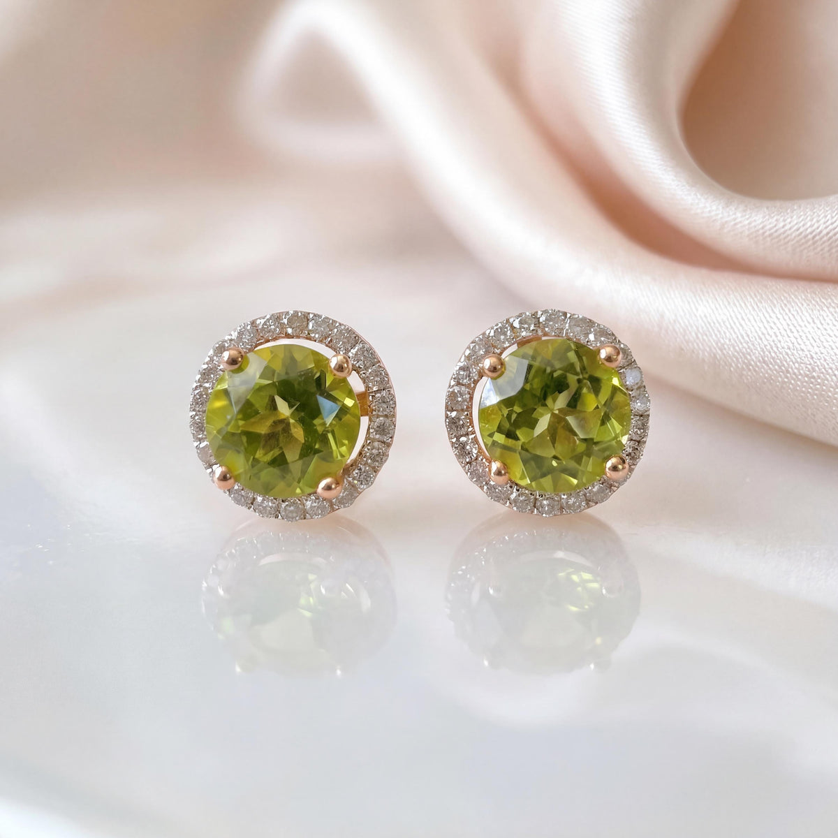 Genuine Peridot and Diamond Round Stud Earrings in 14k Solid Gold