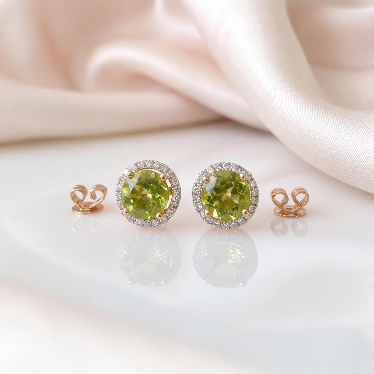 Genuine Peridot and Diamond Round Stud Earrings in 14k Solid Gold