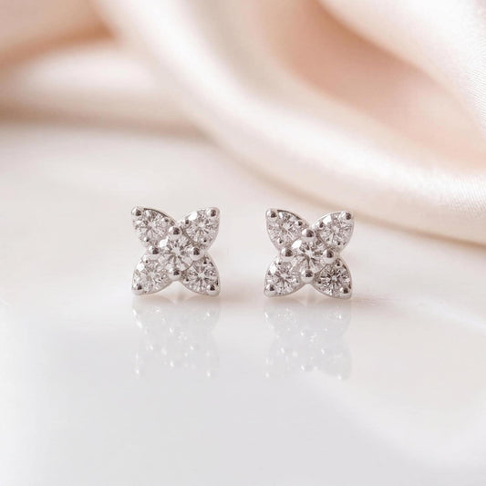 Genuine Diamond Flower Stud Earrings 5 mm in 18k White Gold